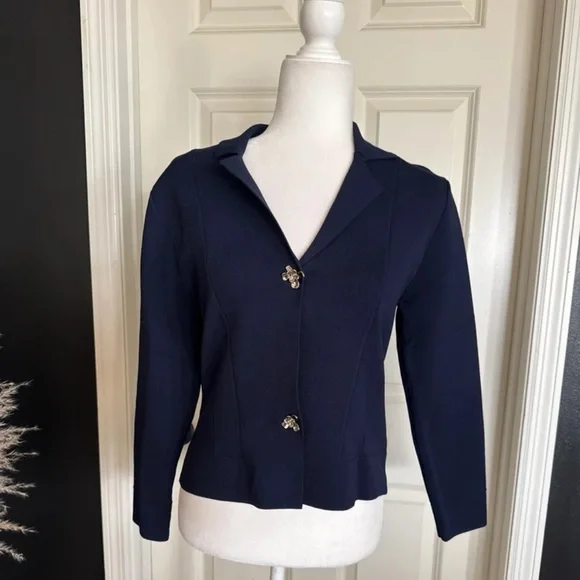 NWT Zara Flower Button Knit Cardigan Blazer Sweater in Navy Blue size Medium - Picture 9 of 12